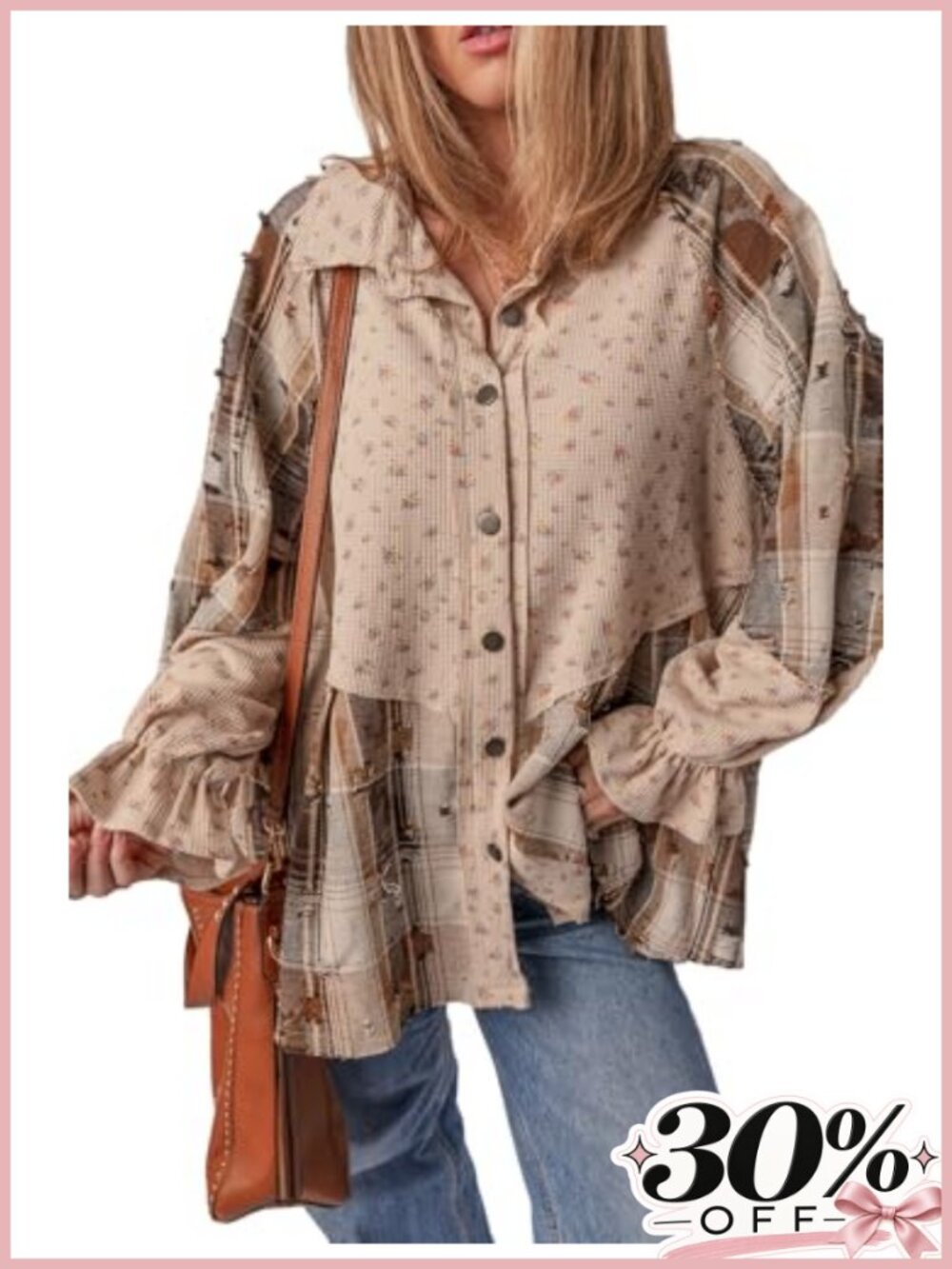 Waffle Knit Button Down Shirt Women Ruffled Sleeve Plaid Shacket